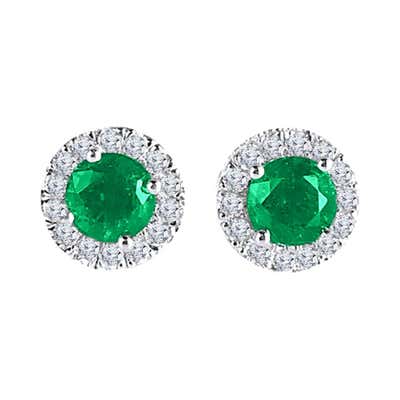 Vivid Green Emerald Diamond Gold Cluster Earrings For Sale at 1stDibs