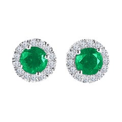 1.30 Carat Round Vivid Green Emerald and Diamond Earrings in 14k White Gold