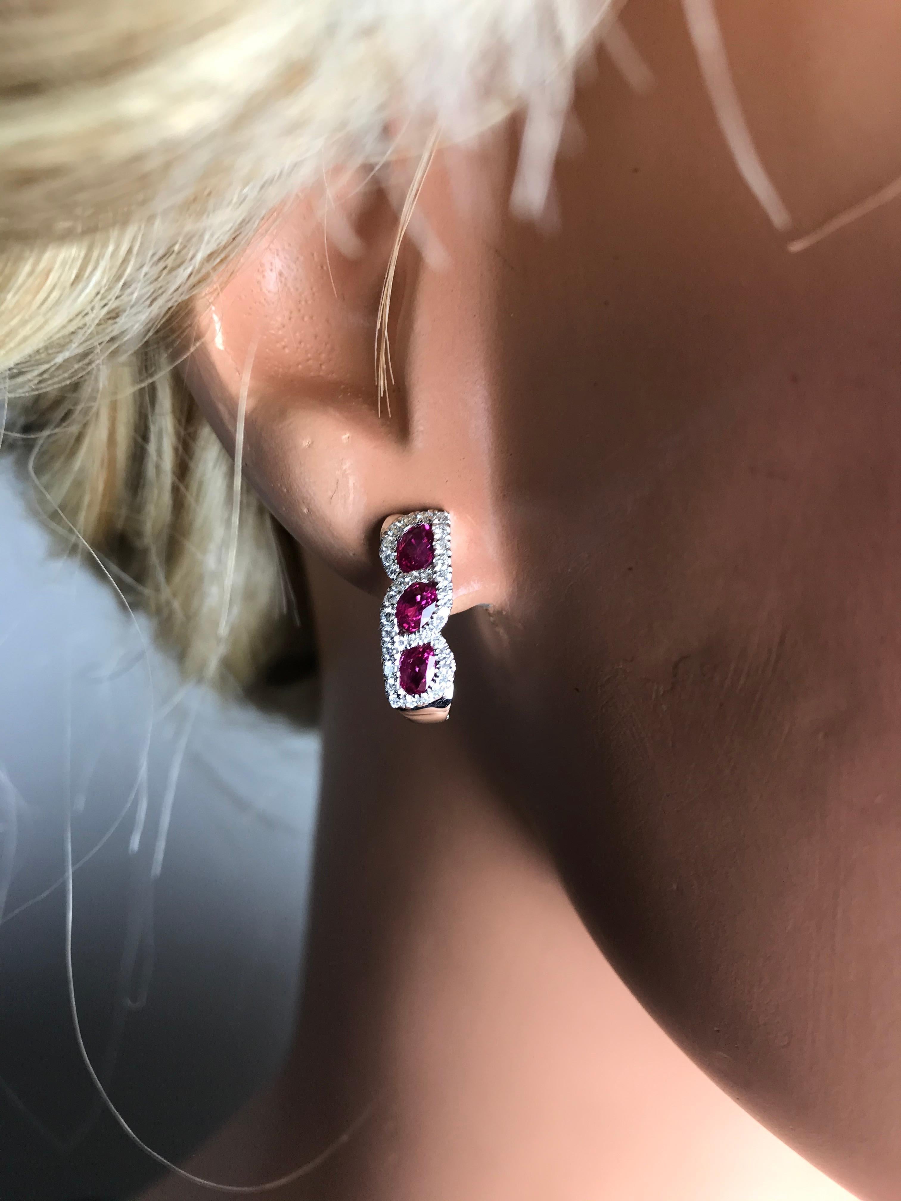 DiamondTown 1.34 Carat Marquise Cut Ruby Hoop Earrings with 0.39 Carat Diamonds In New Condition In New York, NY