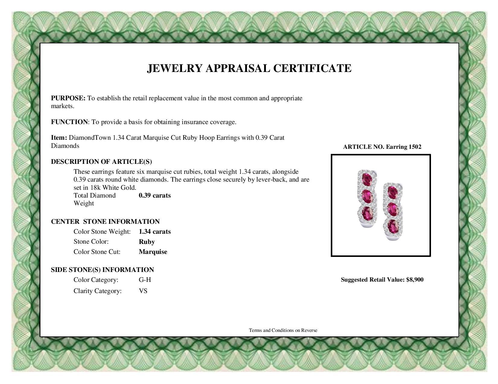 Women's DiamondTown 1.34 Carat Marquise Cut Ruby Hoop Earrings with 0.39 Carat Diamonds