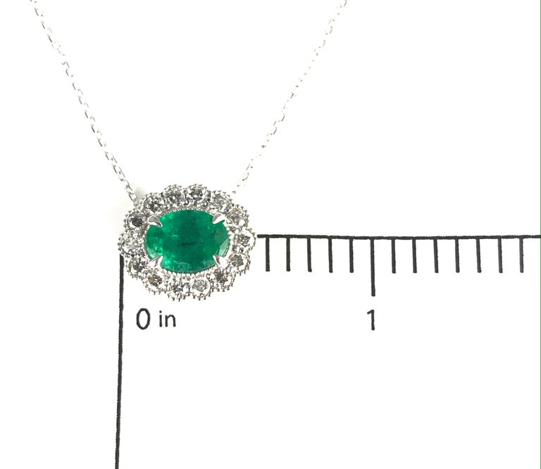 Contemporary DiamondTown 1.37 Carat Oval Cut Emerald and 0.42 Ct Diamond Milgrain Flower For Sale