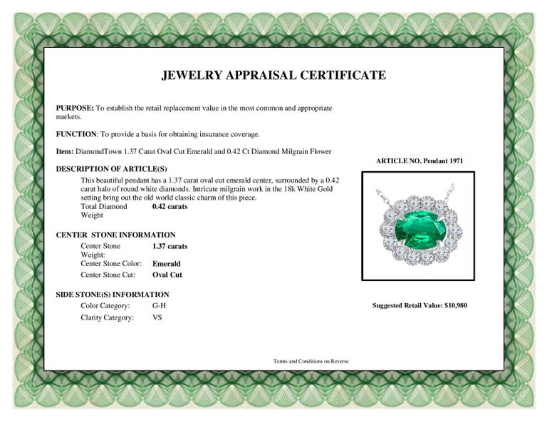 Women's DiamondTown 1.37 Carat Oval Cut Emerald and 0.42 Ct Diamond Milgrain Flower For Sale