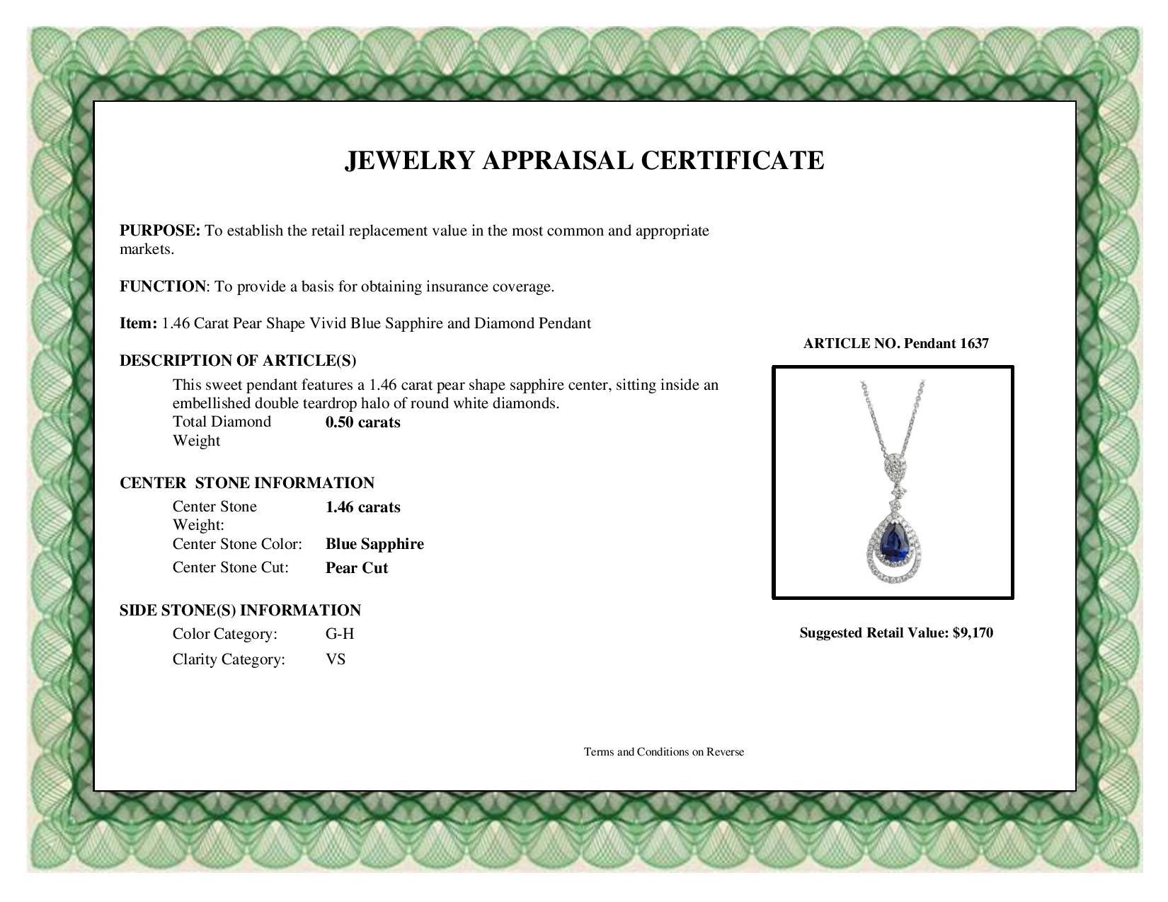 1.46 Carat Pear Shape Vivid Blue Sapphire and Diamond Pendant 1