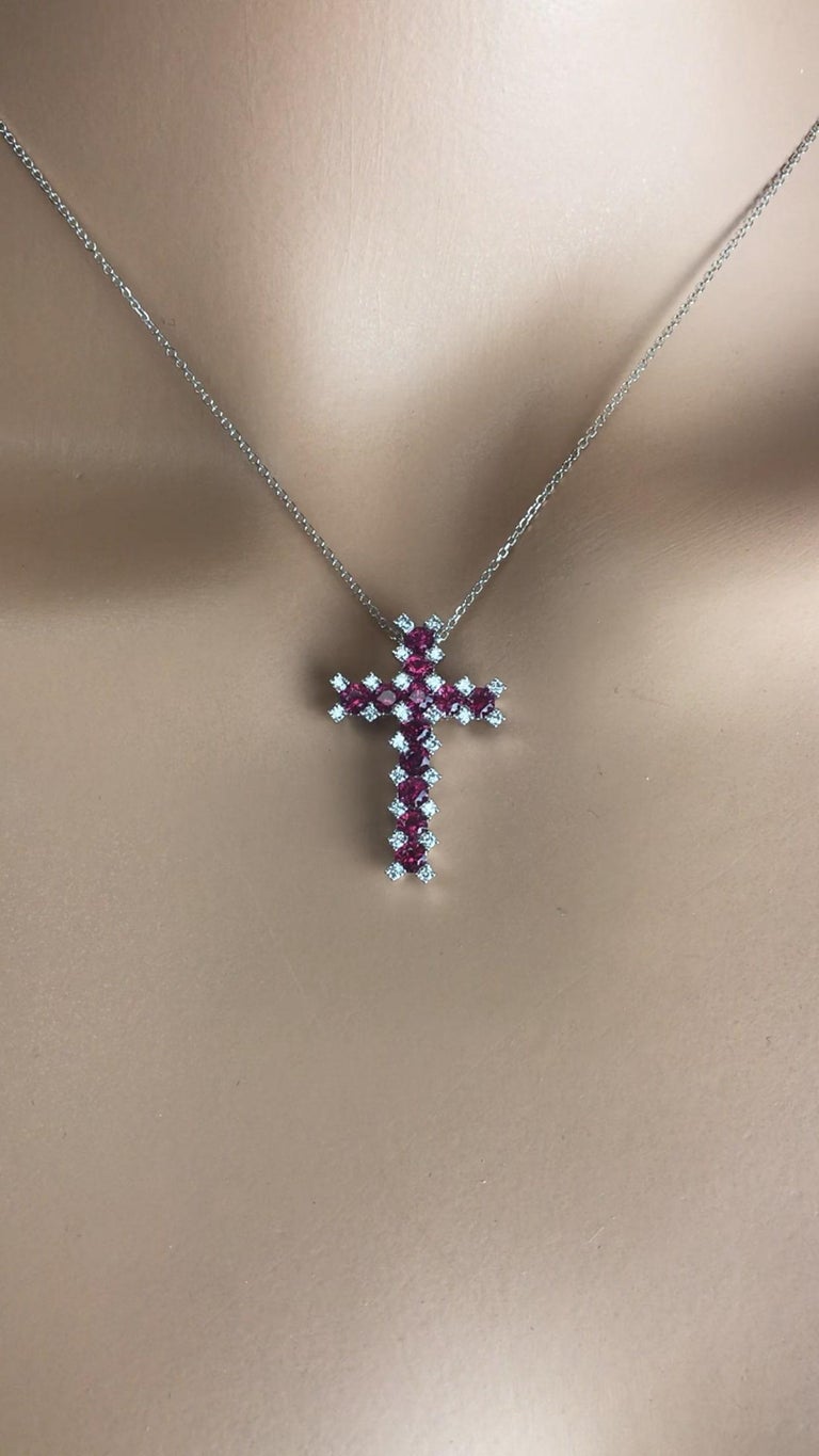 Contemporary DiamondTown 1.52 Carat Ruby Cross Pendant with 0.30 Carats Diamond in 18k White For Sale