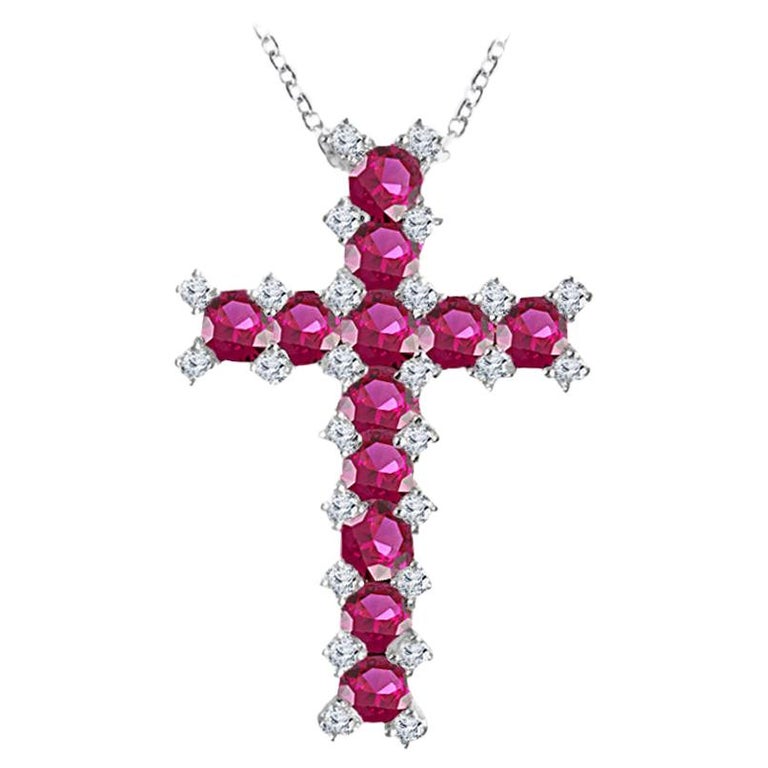 DiamondTown 1.52 Carat Ruby Cross Pendant with 0.30 Carats Diamond in 18k White For Sale