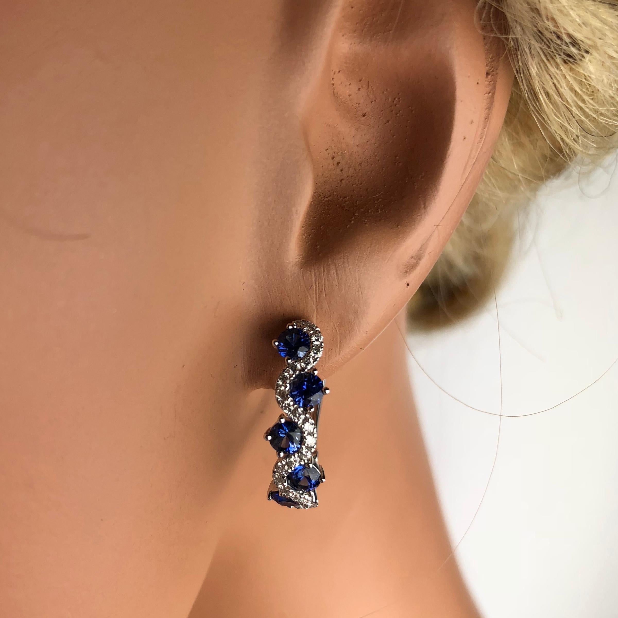 DiamondTown 1.65 Carat Vivid Blue Sapphire and Diamond Lever-Back Earrings In New Condition In New York, NY