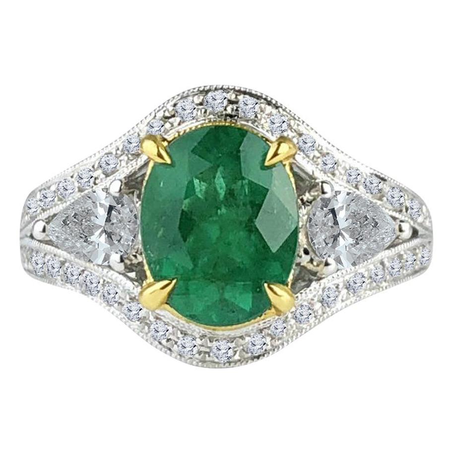 Diamond Town 1.70 Carat Oval Cut Fine Emerald and 0.73 Carat Diamond Ring