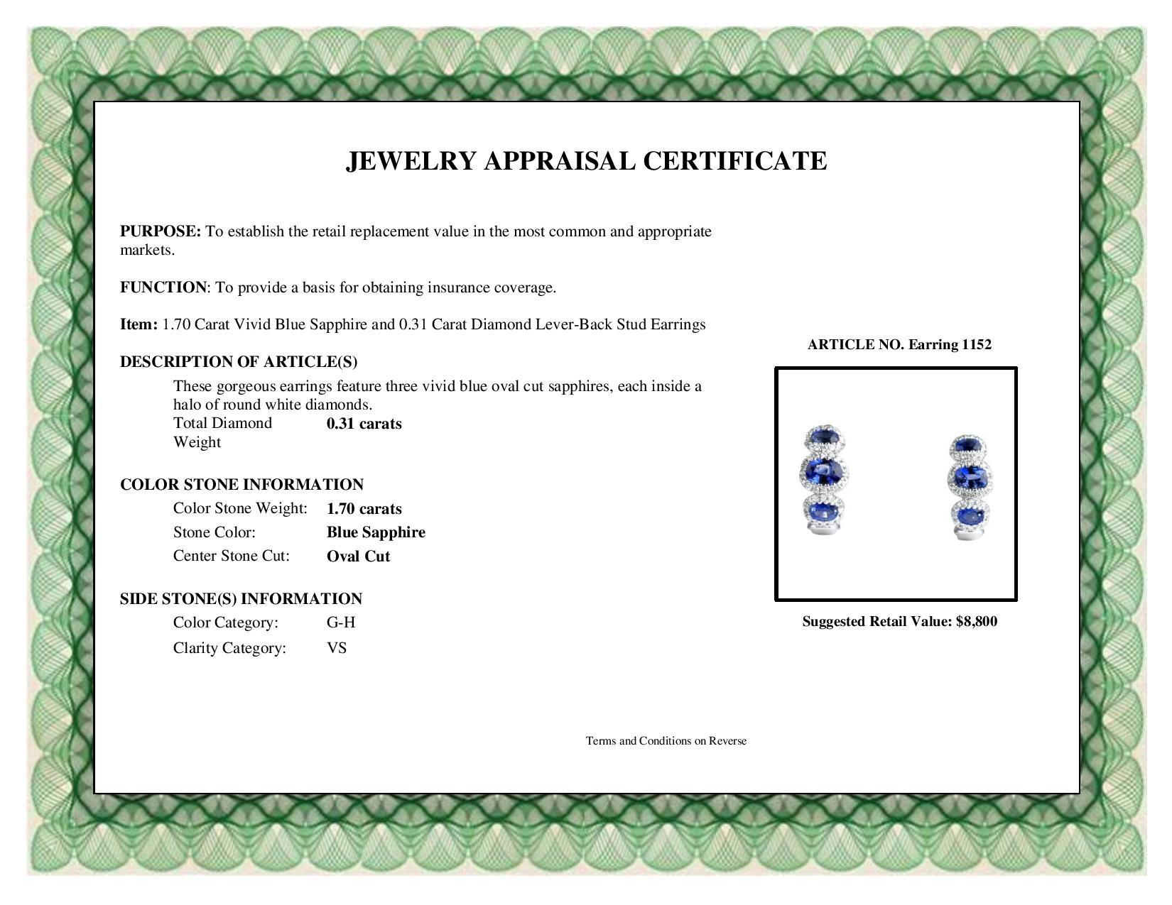 DiamondTown 1.70 Carat Vivid Blue Sapphire Lever-Back Stud Earrings 2