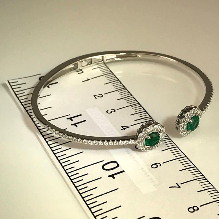 DiamondTown 1.75 Carat Round Emerald and Diamond Flower Bangle in 14k White Gold For Sale 5