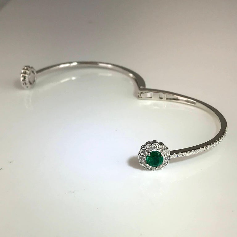 Women's DiamondTown 1.75 Carat Round Emerald and Diamond Flower Bangle in 14k White Gold For Sale
