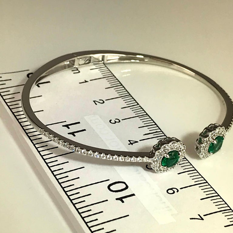 DiamondTown 1.75 Carat Round Emerald and Diamond Flower Bangle in 14k White Gold For Sale 4