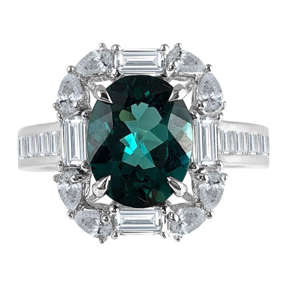 Diamond Town 1.84 Carat Exotic Green Tourmaline and Diamond Cluster Ring