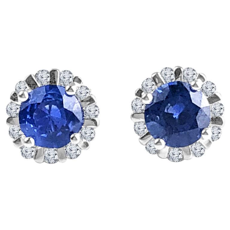 DiamondTown 1.85 Carat Round Blue Sapphire Earrings in Diamond Halo in 18K Gold