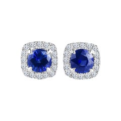 DiamondTown 1.92 Carat Sapphire Stud Earrings with 0.42 Carat Diamond Halo