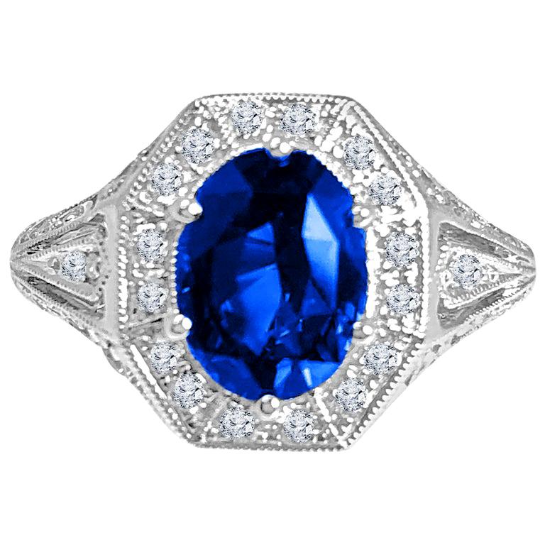 DiamondTown 2.02 Carat Oval Cut Fine Blue Sapphire and Diamond Ring