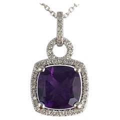 DiamondTown 2.20 Carat Cushion Cut Fine Amethyst and Diamond Halo Pendant