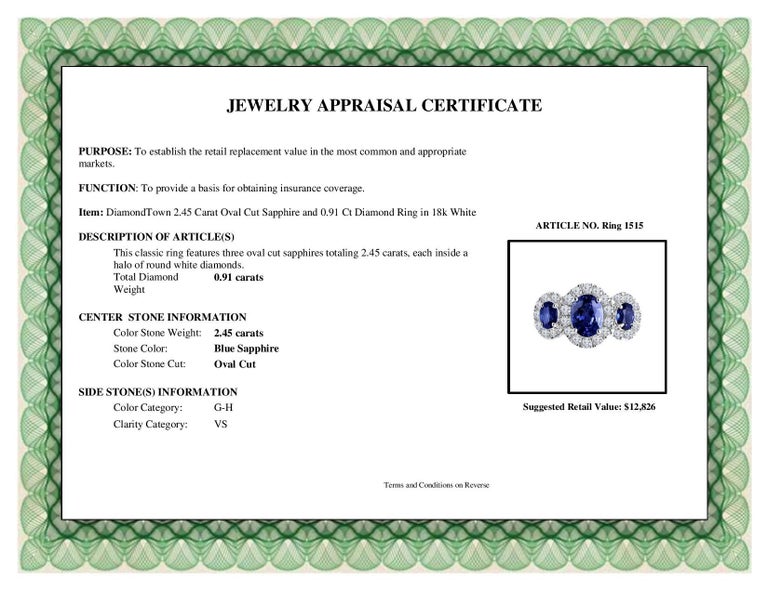 DiamondTown 2.45 Carat Oval Cut Sapphire and 0.91 Ct Diamond Ring in 18k White For Sale 1