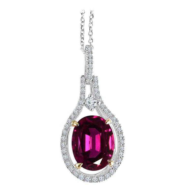 2.60 Carat Oval Cut Raspberry Tourmaline and Natural Diamond Pendant ref1854 For Sale