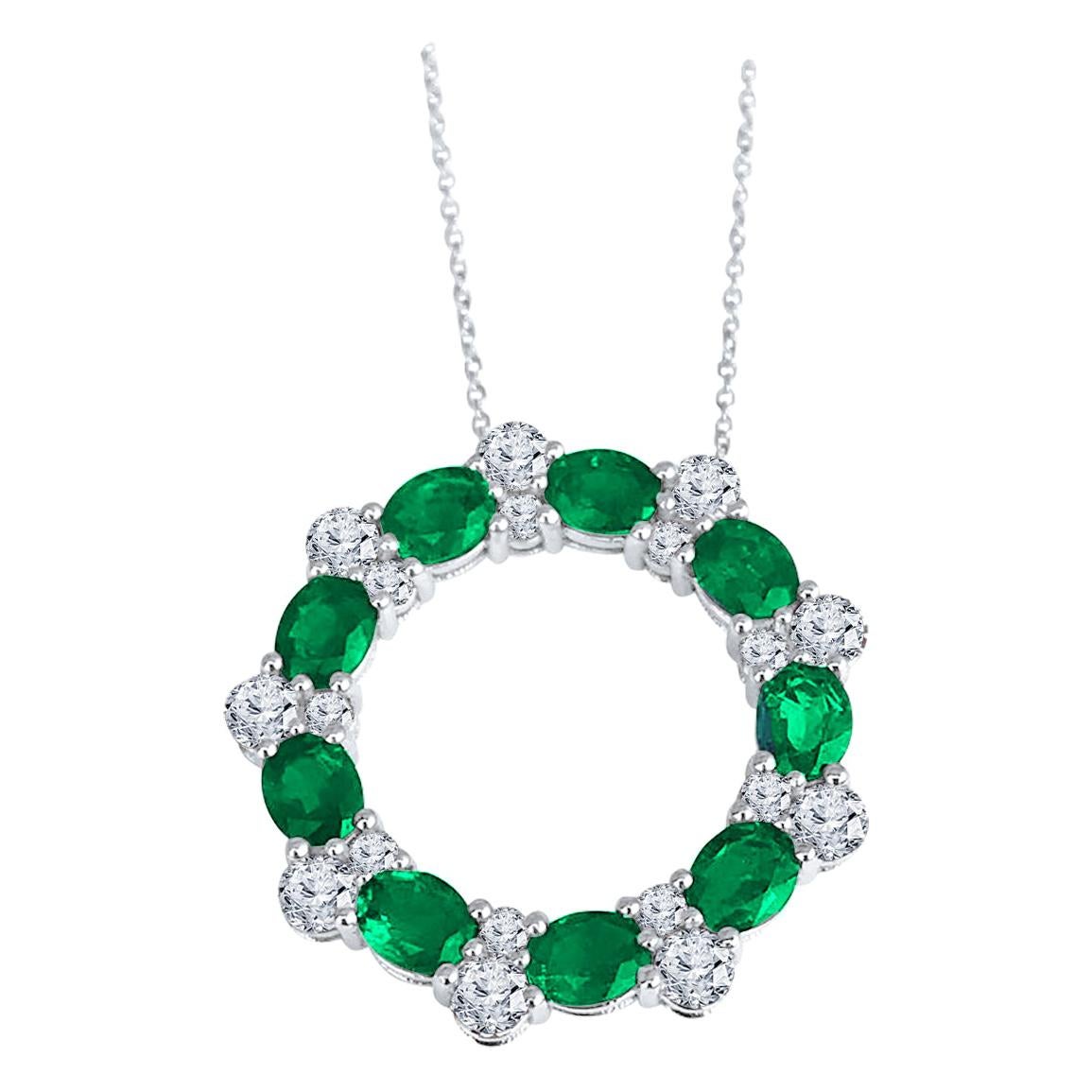 DiamondTown 2.75 Carat Oval Cut Emerald and Diamond Pendant in 18k White Gold