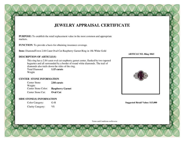 Diamond Town 2.84 Carat Oval Cut Raspberry Garnet Ring in 18k White Gold In New Condition For Sale In New York, NY