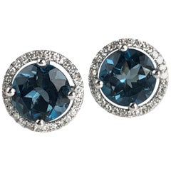 DiamondTown 3.24 Carat London Blue Topaz Halo Stud Earrings in 14 Karat Gold DiamondTown 3.24 Carat London Blue Topaz Halo Stud Earrings in 14 Karat Gold