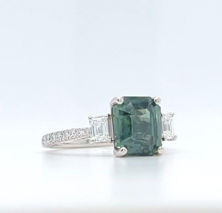 Modern DiamondTown 3.28ct Emerald Cut Green Sapphire & Diamond Three-Stone Ring 18K For Sale