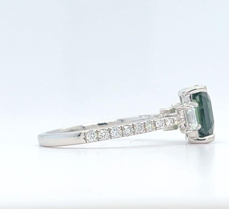 DiamondTown 3.28ct Emerald Cut Green Sapphire & Diamond Three-Stone Ring 18K In New Condition For Sale In New York, NY