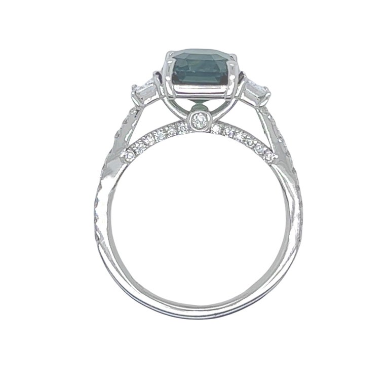 Women's or Men's DiamondTown 3.28ct Emerald Cut Green Sapphire & Diamond Three-Stone Ring 18K For Sale