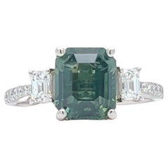 DiamondTown 3.28ct Emerald Cut Green Sapphire & Diamond Three-Stone Ring 18K