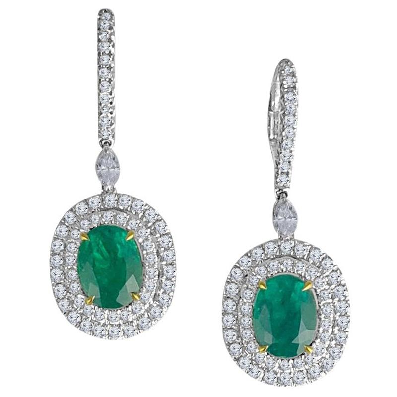 DiamondTown 3.73 Carat Fine Emerald and 1.76 Carat Diamond Earrings For Sale