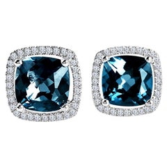 Diamond Town 3.73 Carat London Blue Topaz Halo Stud Earrings in 14 Karat Gold