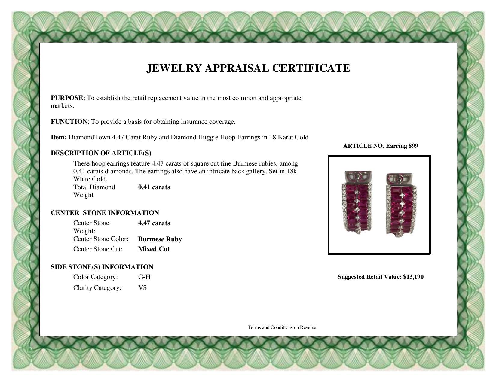 Diamond Town 4.47 Carat Ruby and Diamond Huggie Hoop Earrings in 18 Karat Gold 2