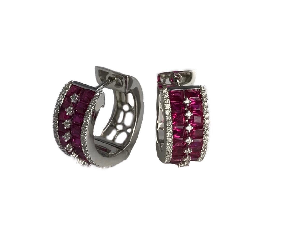Contemporary Diamond Town 4.47 Carat Ruby and Diamond Huggie Hoop Earrings in 18 Karat Gold