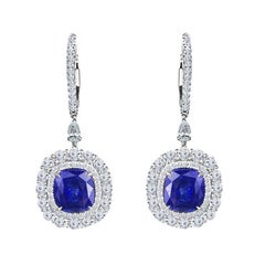 DiamondTown 5.43 Carat Cushion Cut Sapphire Hoop Dangle Earrings in 18k Gold