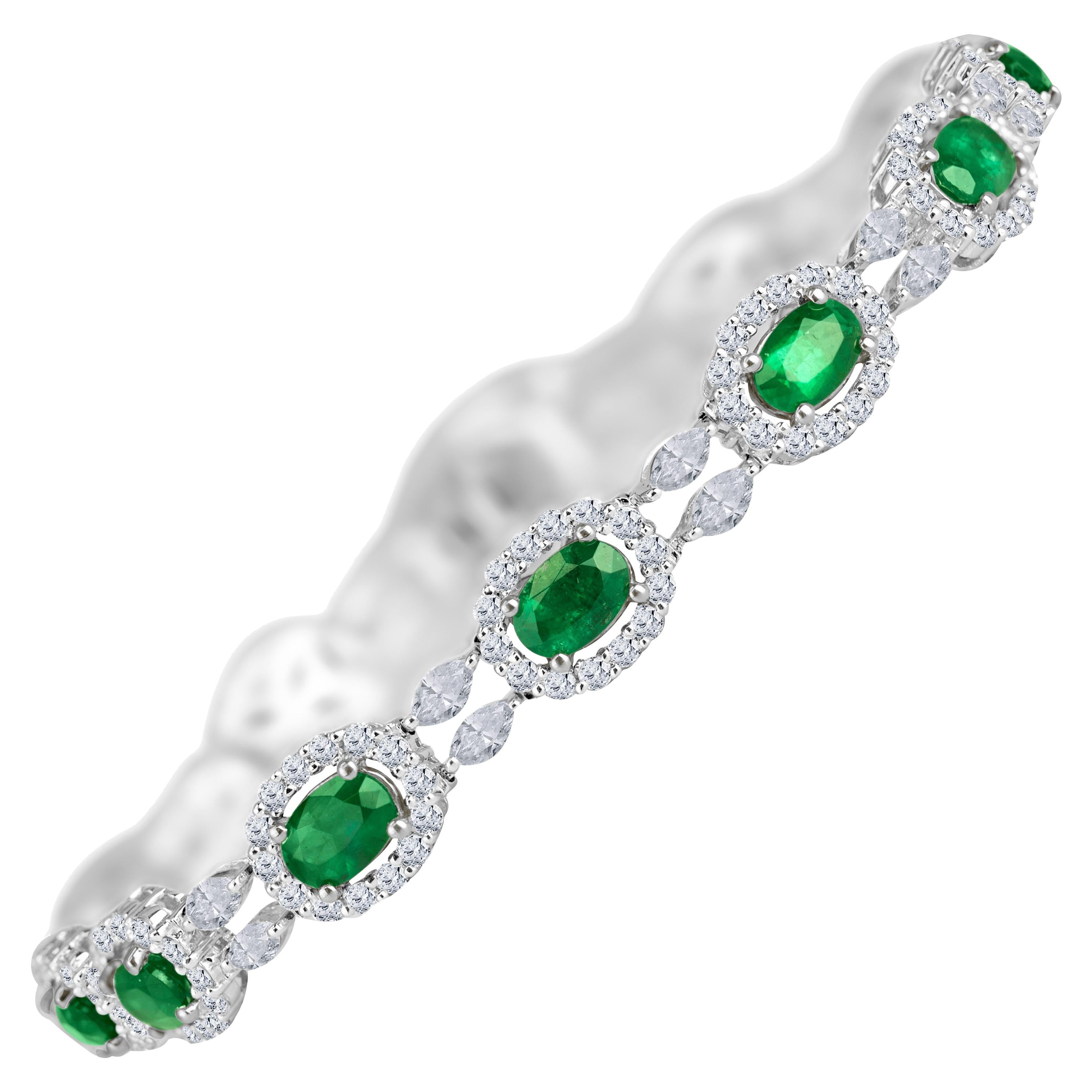 DiamondTown 6.25 Carat Oval Cut Emerald and Diamond Bracelet in 18k White Gold