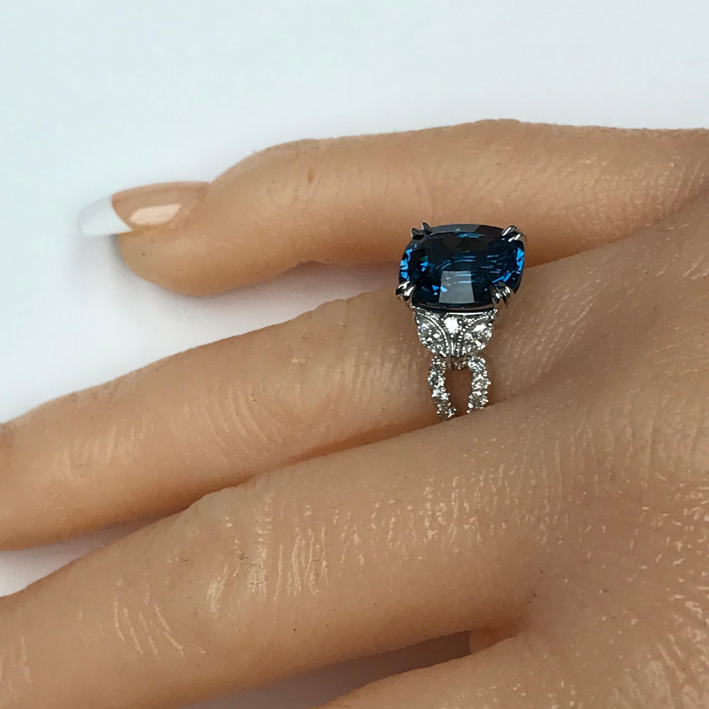 6.37 Carat Oval Cut London Blue Topaz and 0.78 Carat Diamond Ring 2