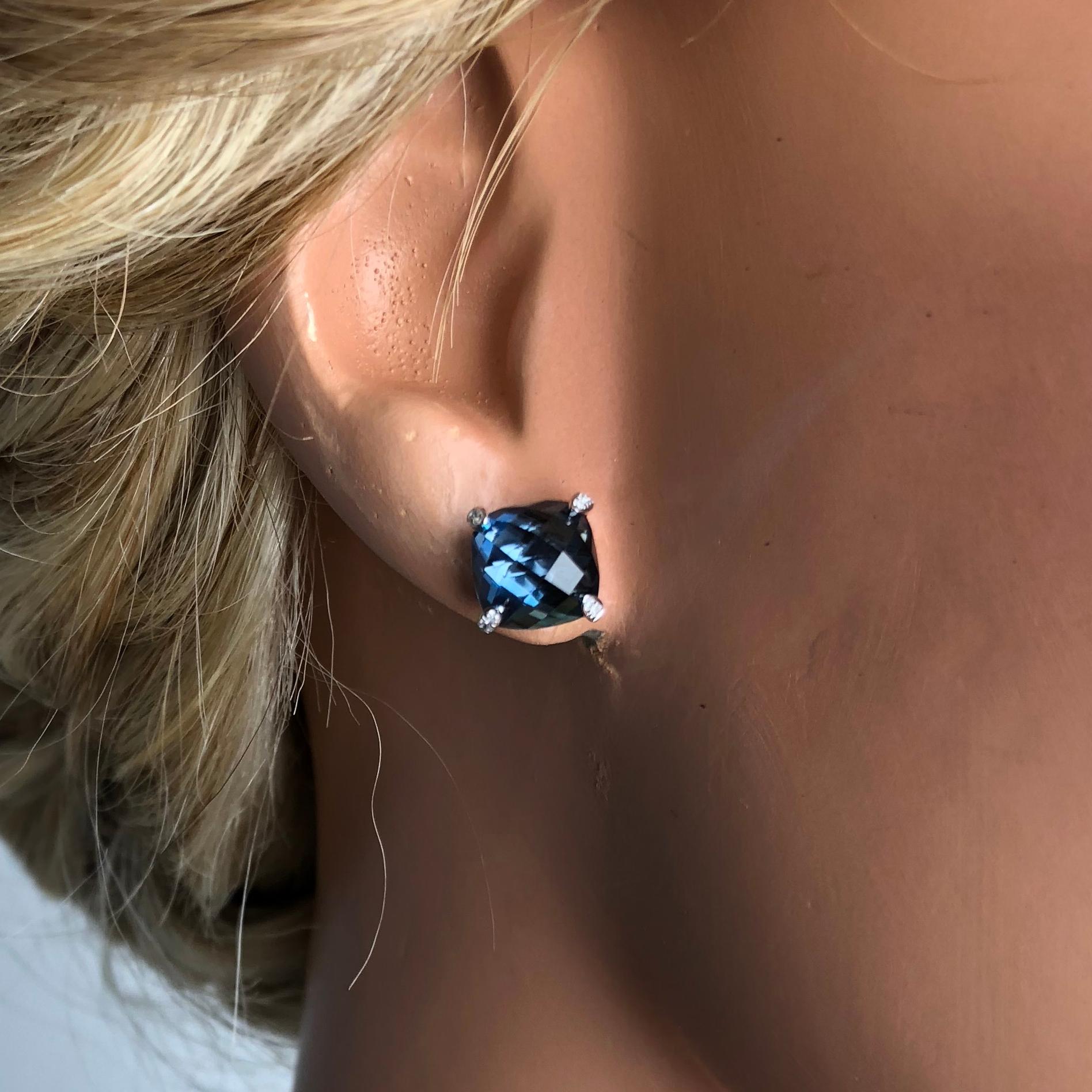 Cushion Cut DiamondTown 7.92 Carat London Blue Topaz Earrings in 14 Karat White Gold