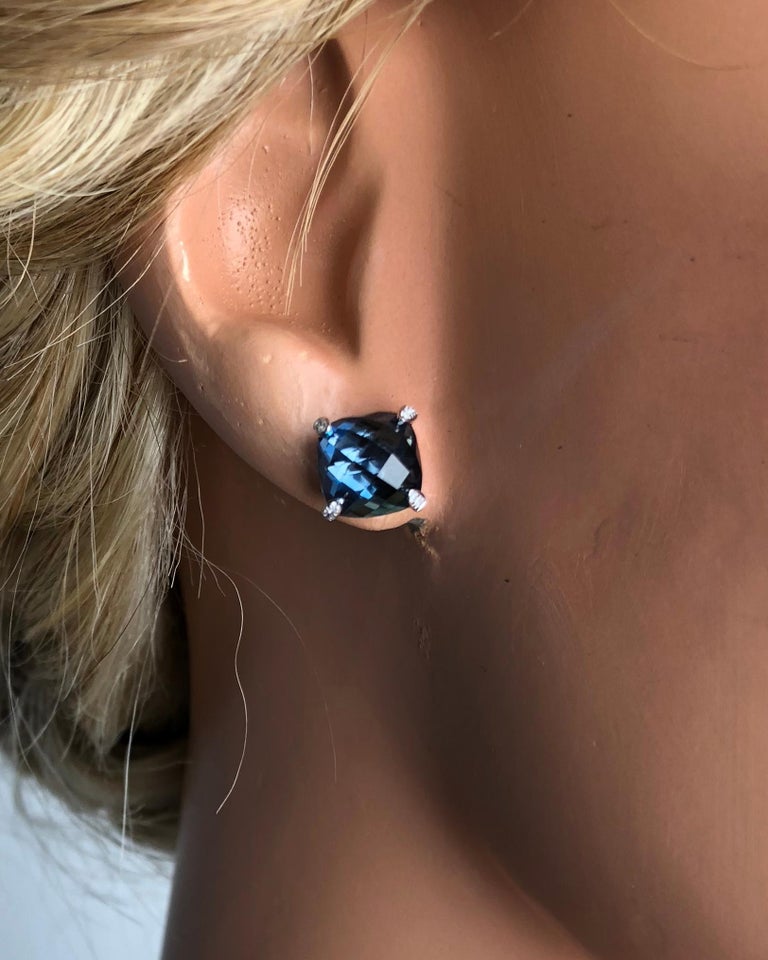 DiamondTown 7.92 Carat London Blue Topaz Earrings in 14 Karat White Gold In New Condition For Sale In New York, NY