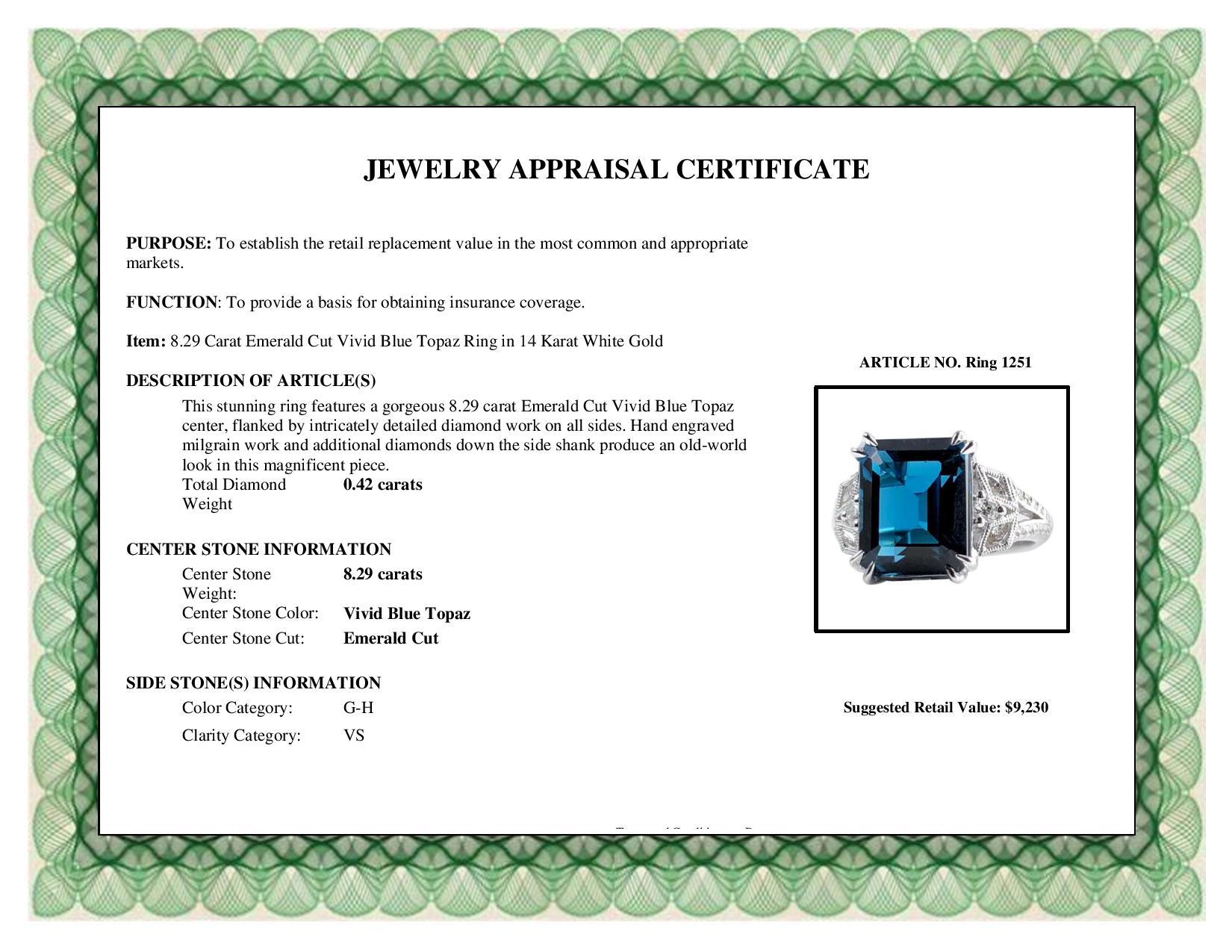 Diamond Town 8.29 Carat Emerald Cut Vivid Blue Topaz Ring in 14 Karat White Gold In New Condition In New York, NY