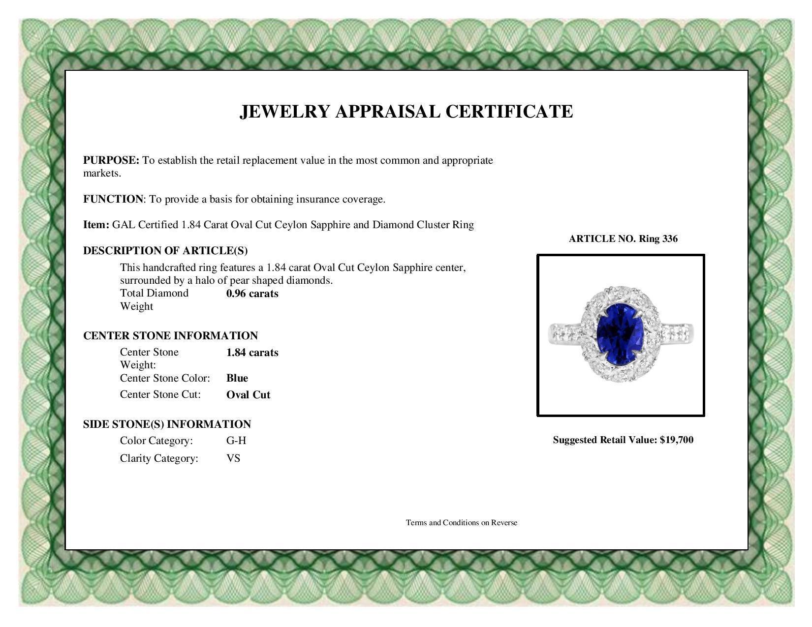Women's DiamondTown GAL Certified 1.84 Carat Oval Cut Ceylon Sapphire Ring