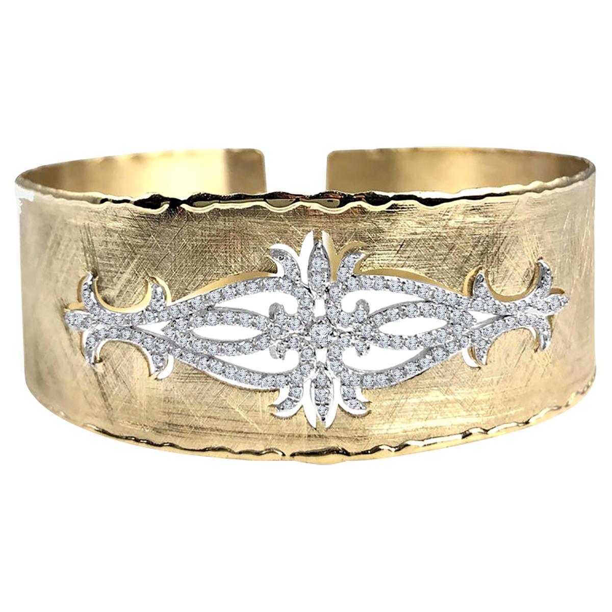 DiamondTown Yellow and White Gold Rustic Bangle with .83 Carat Diamond Accent