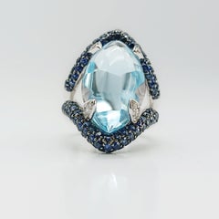 18 Karat White Gold Blue Topaz Sapphire Diamond Cocktail Ring, 2006