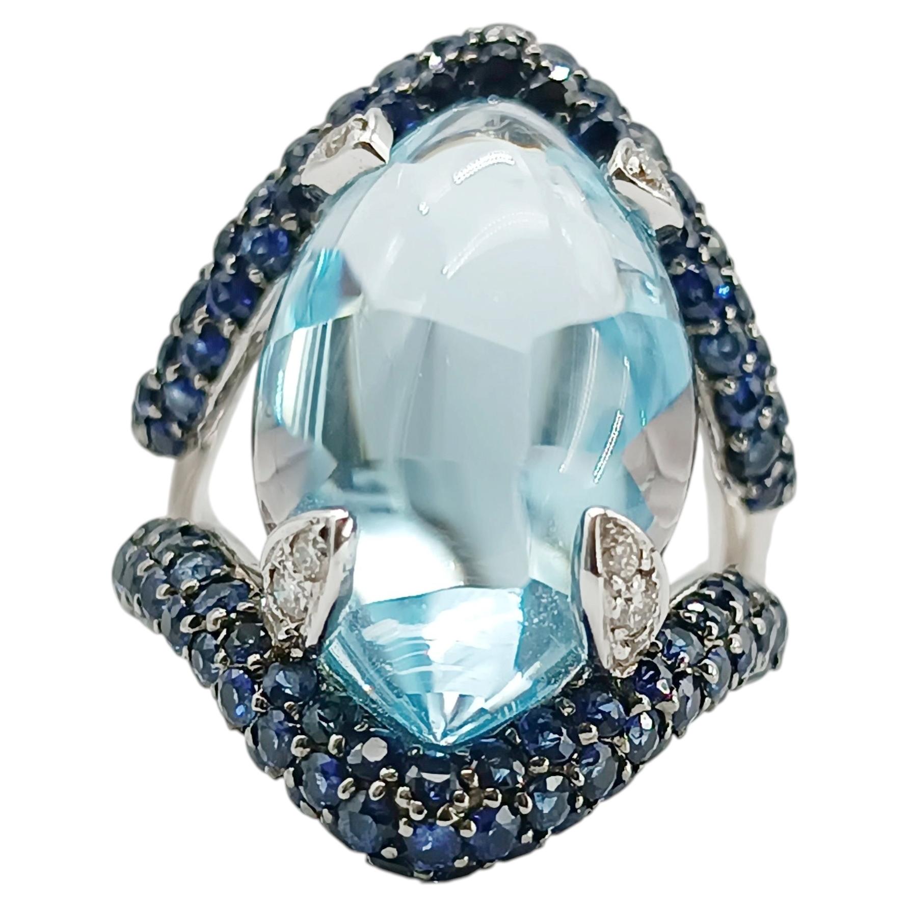 18 Karat White Gold Blue Topaz Sapphire Diamond Cocktail Ring, 2006
