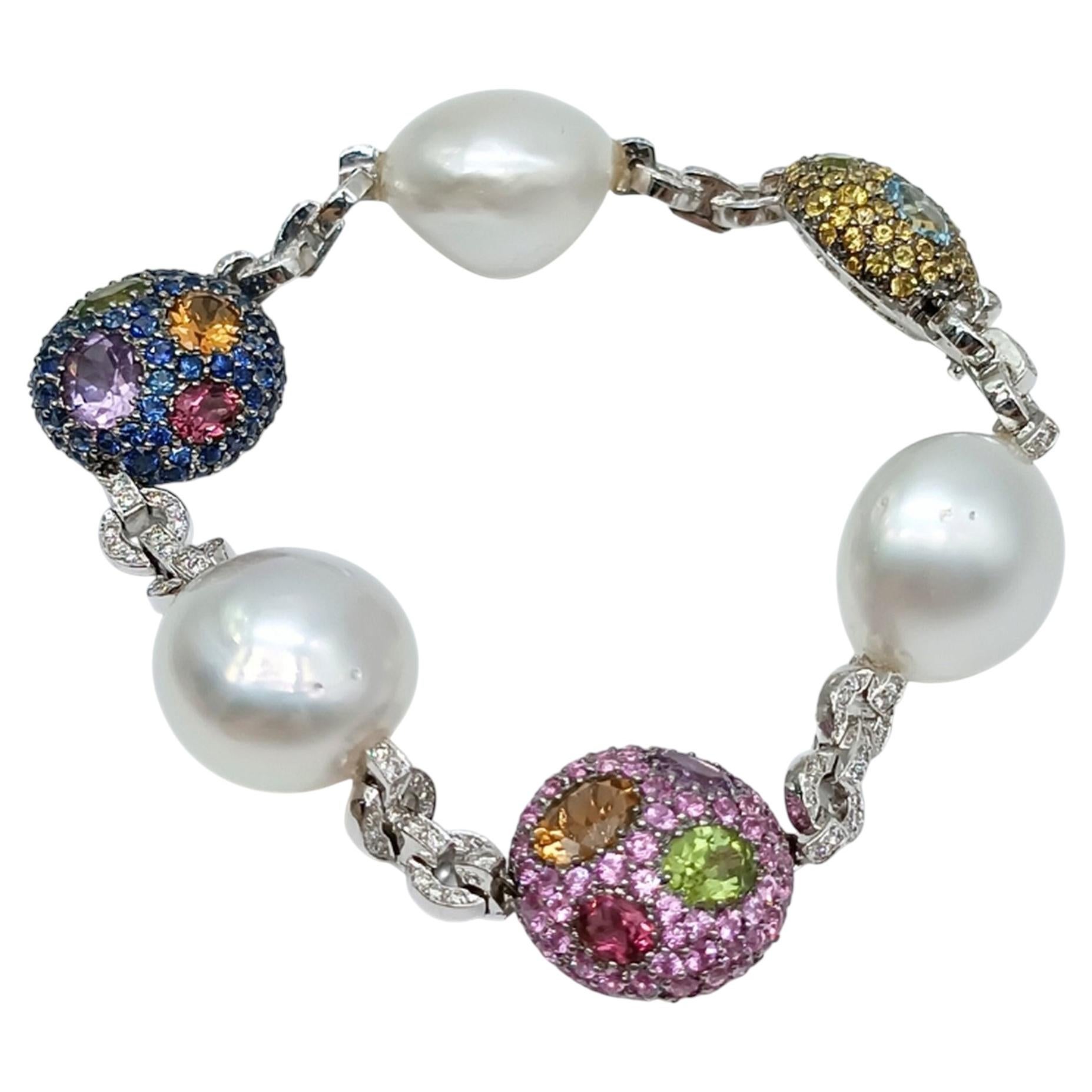 Diamrusa Bracciale multicolore con zaffiri, perle e pietre preziose in oro bianco 18 carati