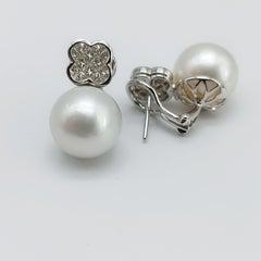 Diamrusa 18K White Gold Diamond and Australian Pearl Clover Drop Earrings