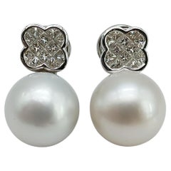 Diamrusa 18K White Gold Diamond and Australian Pearl Clover Drop Earrings