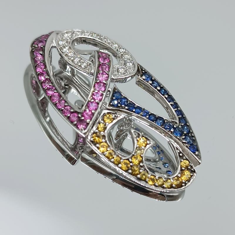 Diamrusa Brooch and Pendant in white gold with blue, pink and yellow Sapphires with the word LOVE

White Gold 18k
16 Diamonds 0.24k
20 Blue Sapphires 0.40k
18 Yellow Sapphires 0.32k
24 Pink Sapphires 0.48k