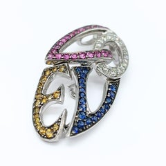 Diamrusa “LOVE” Diamond and Multicolor Sapphire Pendant Brooch in 18K White Gold