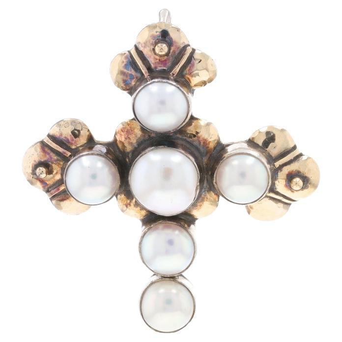 Dian Malouf Broche/renforceur de la croix en perles de culture Mabe 925 et or 14 carats en vente
