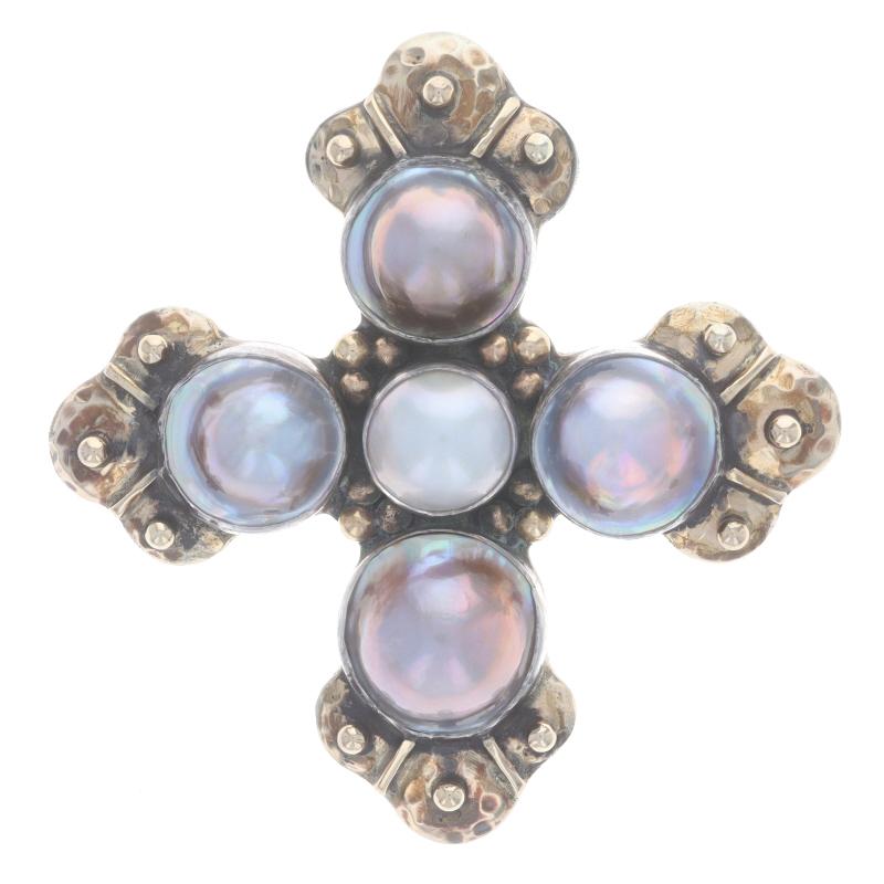 Designer: Dian Malouf

Metal Content: Sterling Silver & 14k Yellow Gold

Stone Information
Cultured Pearls

Style: Convertible Brooch/Pendant Enhancer
Fastening Type: Hinged Pin and Whale Tail Clasp
Theme: Bottoni Cross, Faith
Features: Smooth &